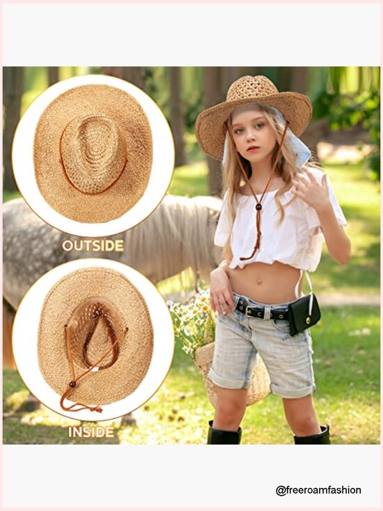 6 Pack Straw Cowboy Hats Wide Brim Sun Protection with Chin Strap for Women Men